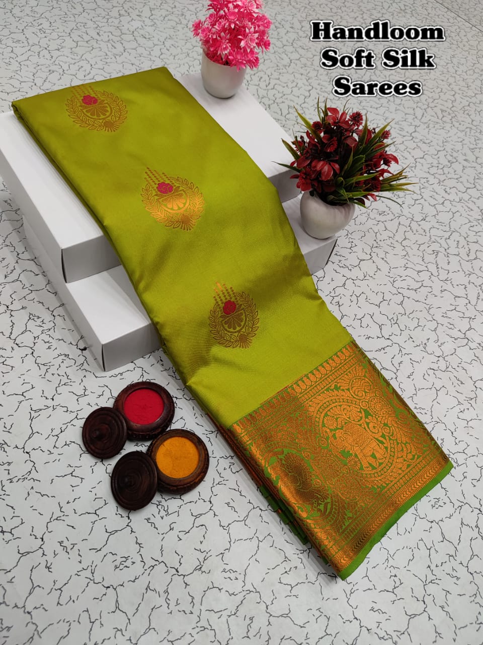 Shop premium Kanchipuram Handloom Soft Silk Saree with copper zari border, rich meena pallu & contrast blouse. Elegant saree for weddings & festivals.